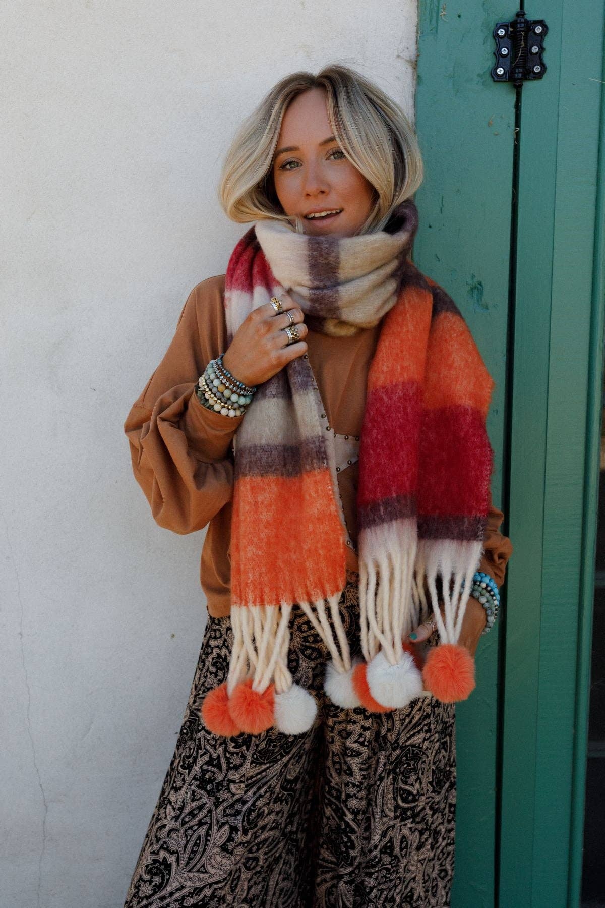 Three Bird Nest - Chill Stripe Pom Scarf - Orange