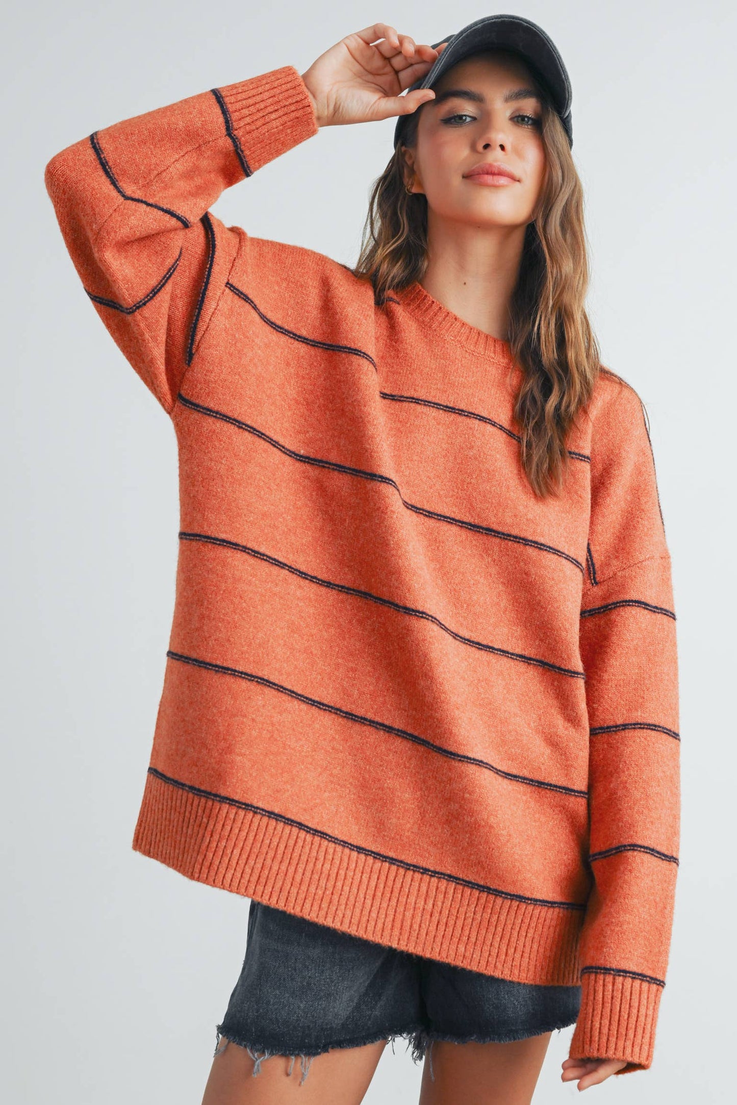 BUTTERMELON - Striped Pattern Drop Shoulder Sweater - BMW7421