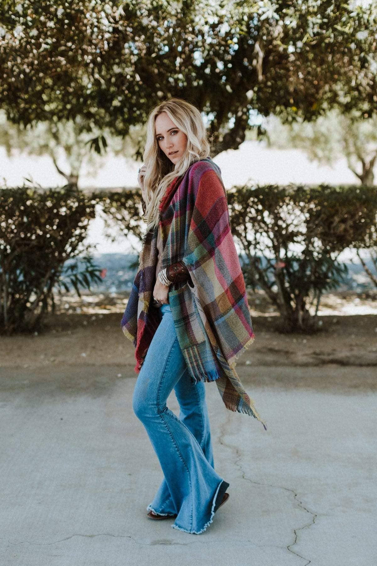 Three Bird Nest - Cozy Plaid Pocket Ruana Wrap - Fuchsia