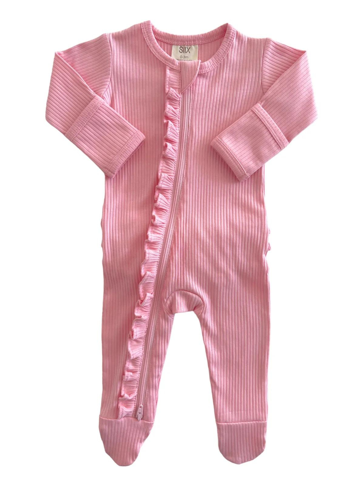 SIIX Collection - Pink / Organic Ribbed Frill Zip Footie (Baby - Kids)