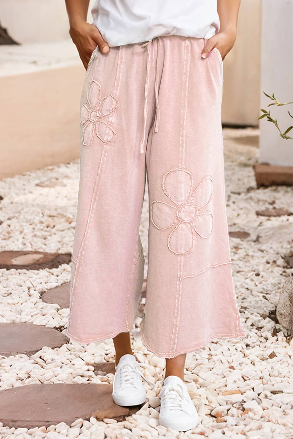 Little Daisy Closet -  LDC Floral Patch Mineral Washed Terry Knit Cropped Pants