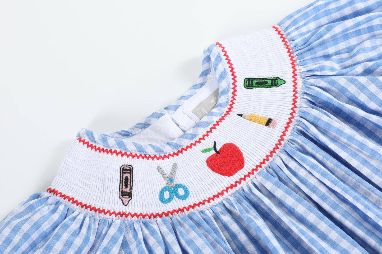 Lil Cactus - Blue Gingham School Supplies Smocked Bishop Dress