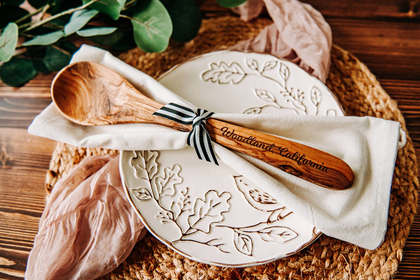 The Lillie Pad - Custom City Name Olive Wood Serving Spoon & Towel Gift Set