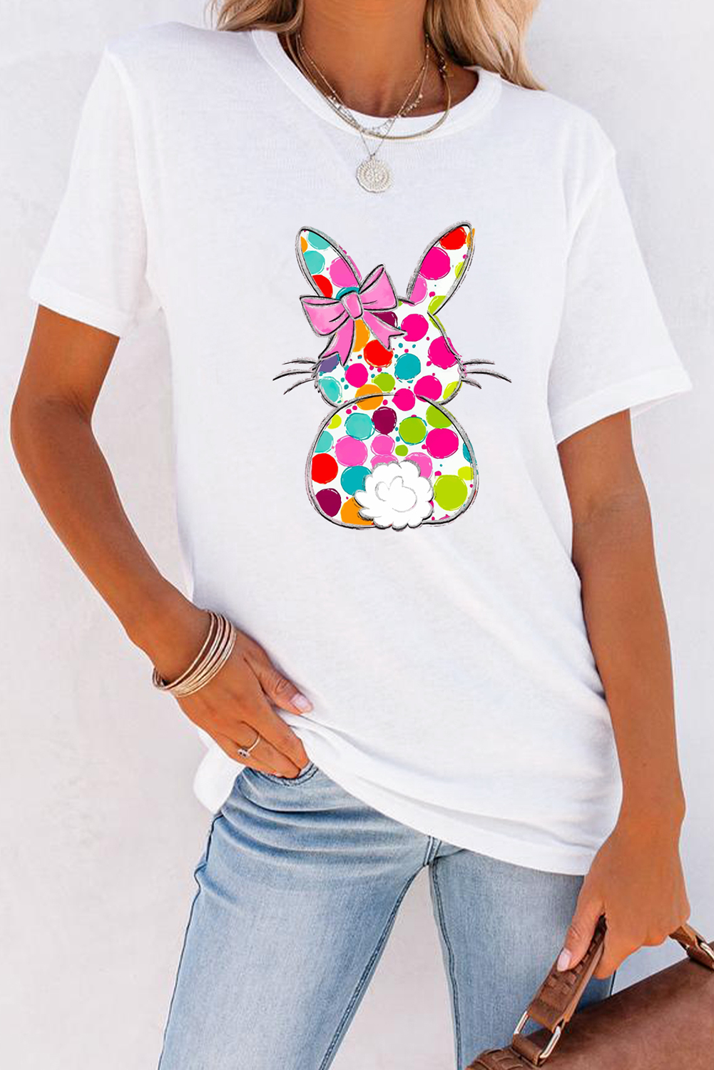 Little Daisy Closet - LDC Polka Dot Bow Rabbit Graphic Crewneck Easter Fashion Tee