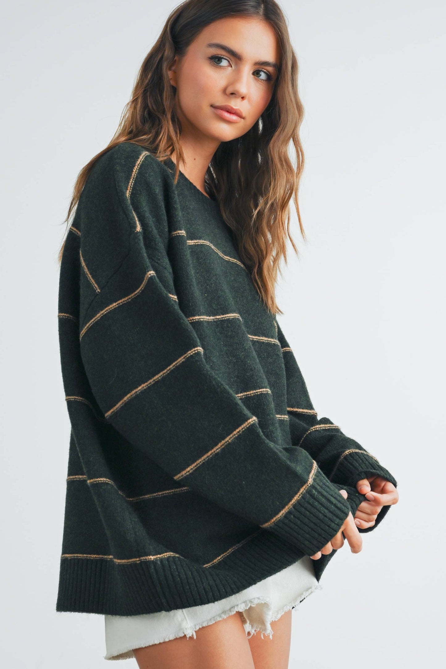 BUTTERMELON - Striped Pattern Drop Shoulder Sweater - BMW7421