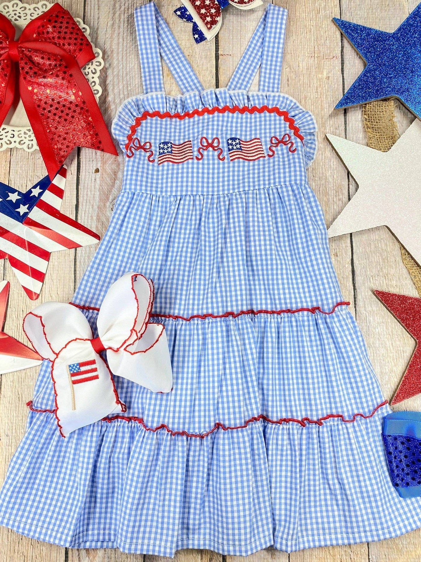 The Hair Bow Company - Blue Gingham American Flag Tiered Dress | Girls Patriotic Ruffle Dress