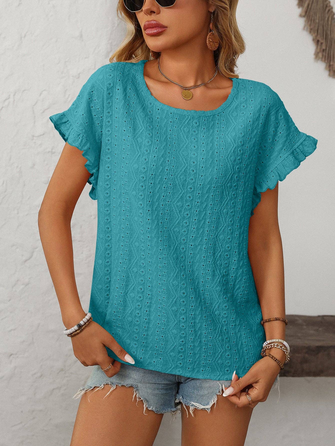 Lovesoft - Solid Color Crewneck Sweet Short-Sleeve Hollow-Out Top
