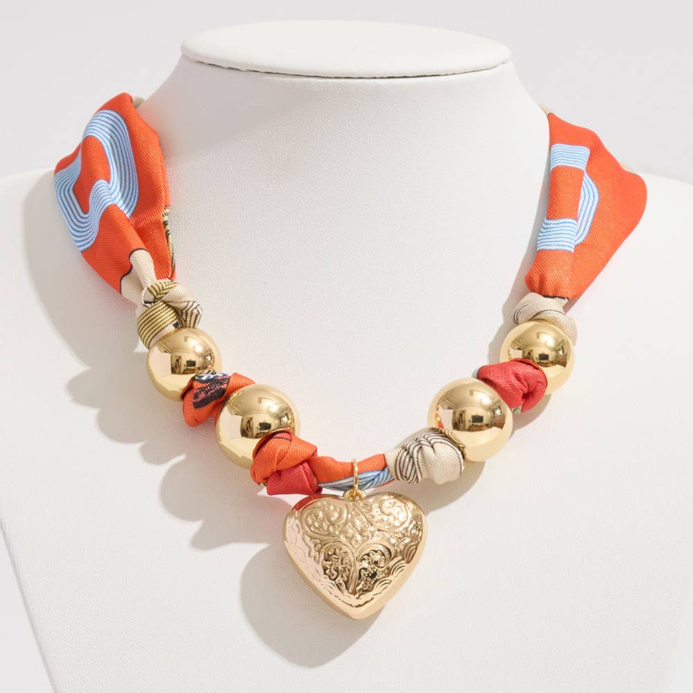 Sensibling Corp. - Gold Dipped Puffy Textured Heart Charm Accent Fabric Scarf Necklace / Adjustable Bracelet / Bag Charm