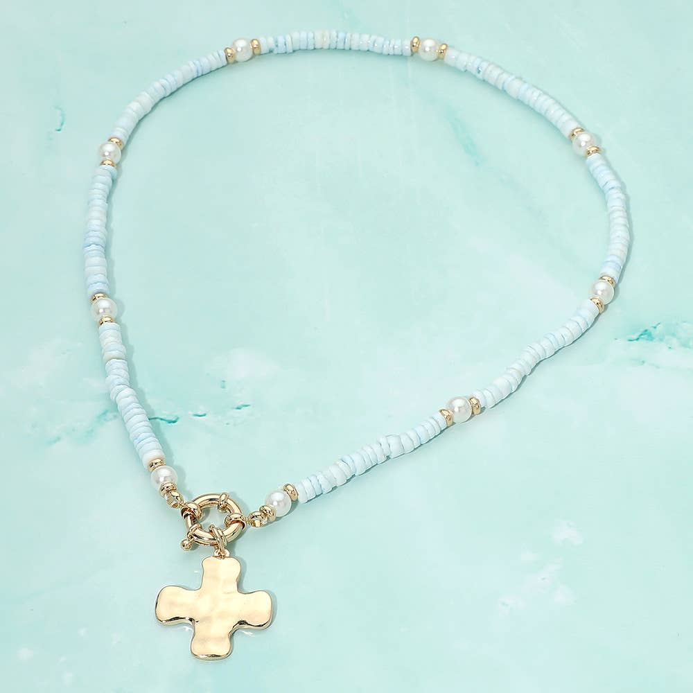 Sensibling Corp. - Hammered Metal Cross Charm Pendant Accent Pearl Flat Beaded Necklace