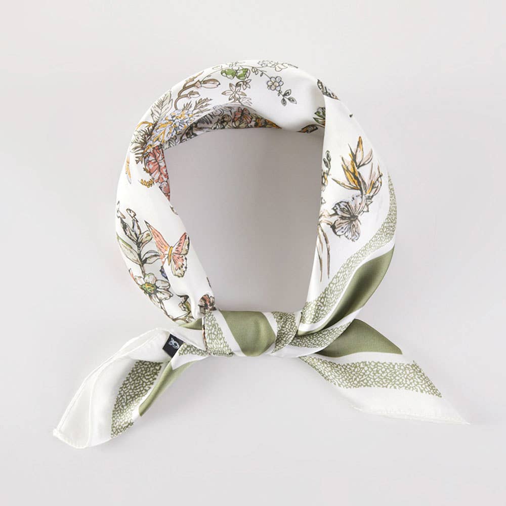 Sensibling Corp. - Chinoiserie Butterfly Floral Pattern Printed Square Silky Satin Bandana Scarf