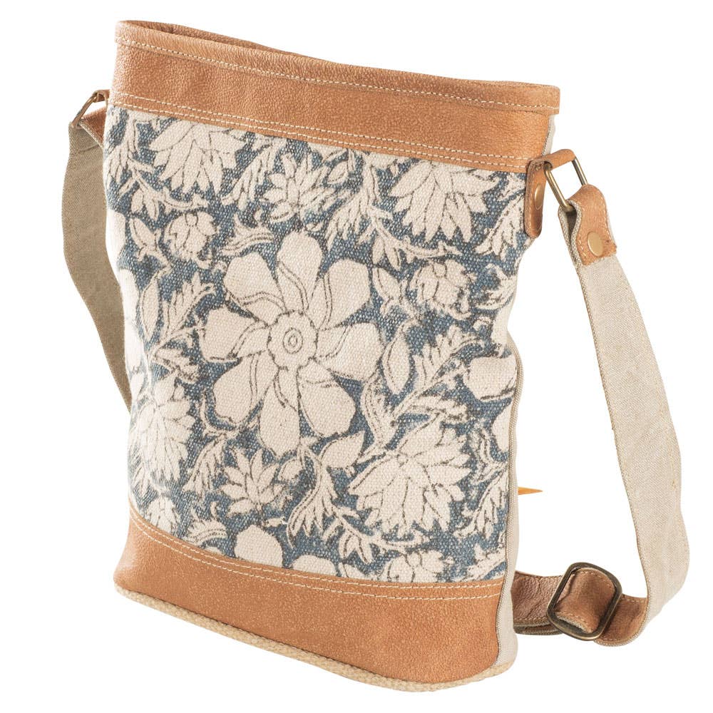 Clea Ray Canvas Bags & Clothing - Blue Canvas With Flowers Crossbody