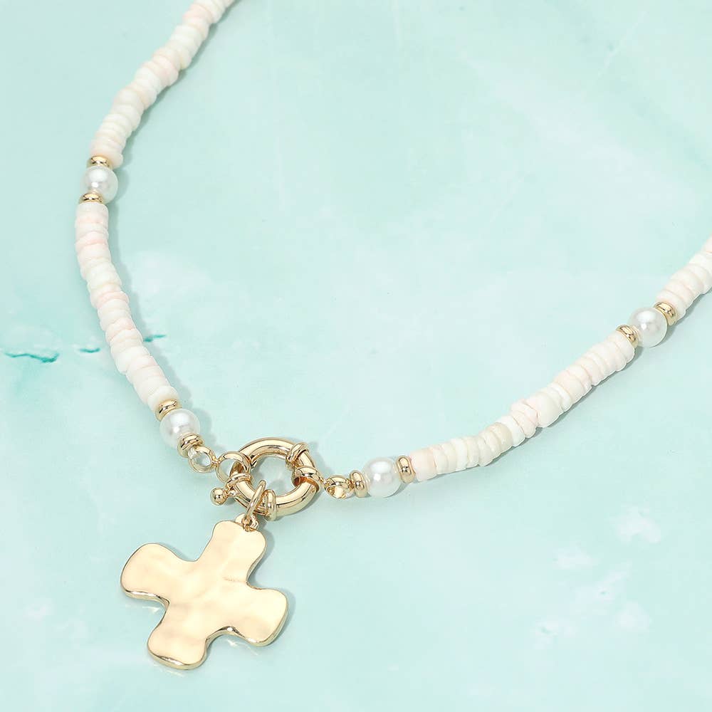 Sensibling Corp. - Hammered Metal Cross Charm Pendant Accent Pearl Flat Beaded Necklace