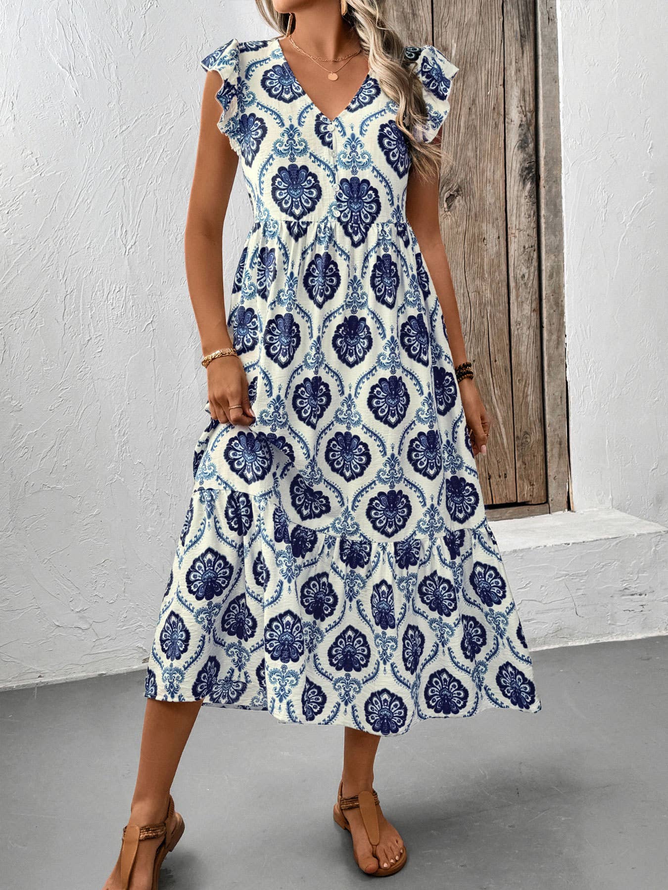 Lovesoft - Loose-Fit Deep V-Neck Floral Print Maxi Dress