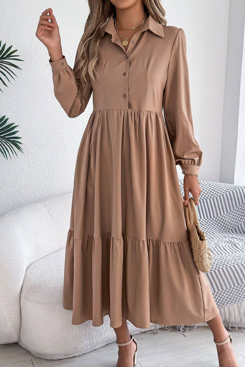 NINEXIS - CWDMD6027_LOOSE FIT RUFFLE TRIM LONG SLEEVE SHIRT DRESS