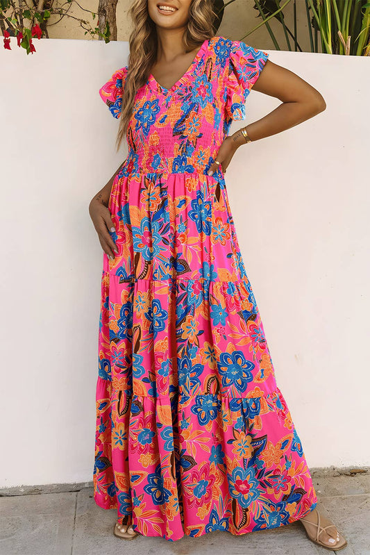 Aapparella - Women Boho Floral V Neck Ruffle Tiered Maxi Dress | S-XL