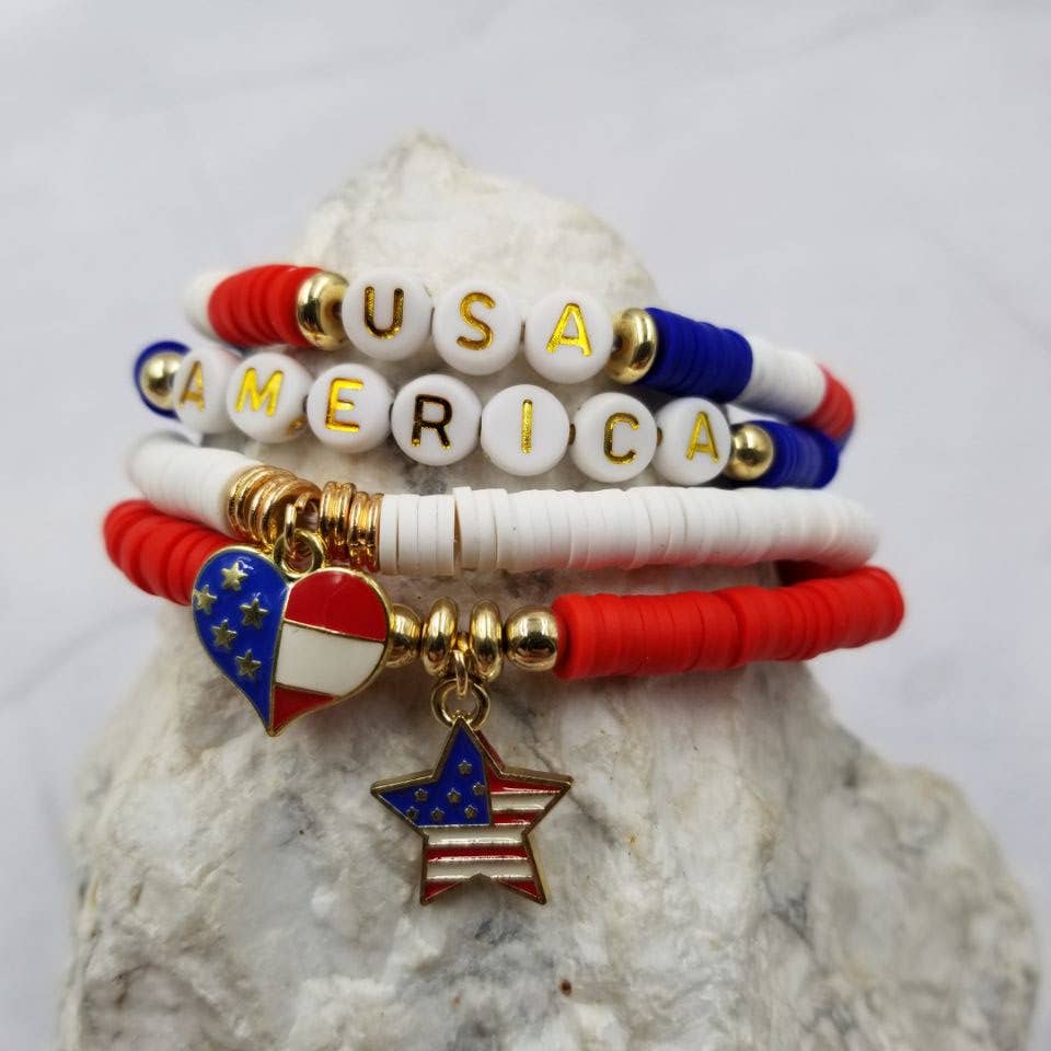 The Pretty Jewellery - USA Patriotic Heishi Beaded Heart and Star Charm Bracelet