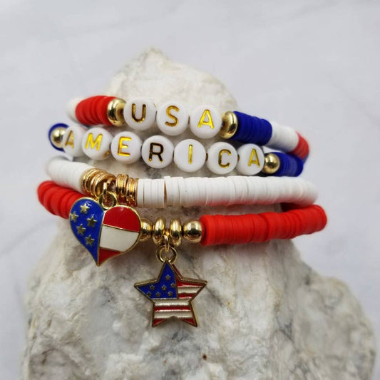 The Pretty Jewellery - USA Patriotic Heishi Beaded Heart and Star Charm Bracelet