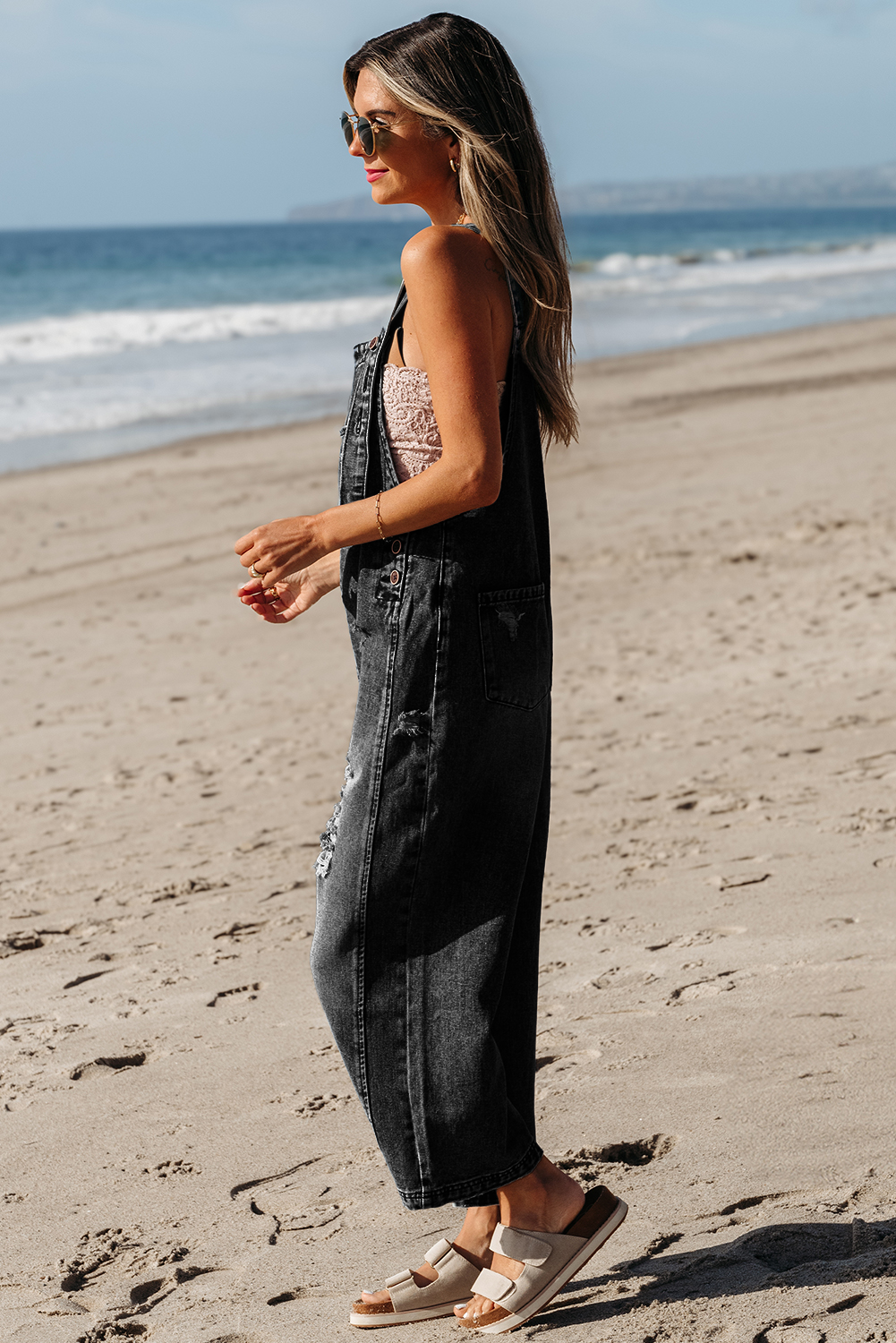 Little Daisy Closet - LDC Distressed Bib Pocket Wide Leg Denim Overall