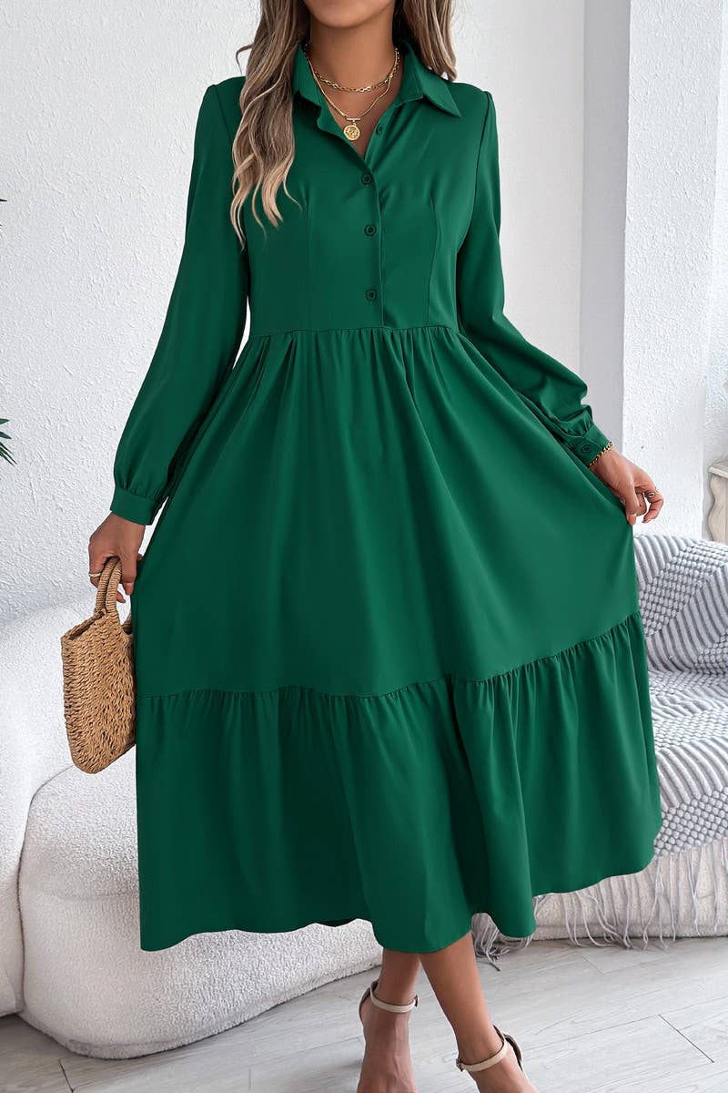 NINEXIS - CWDMD6027_LOOSE FIT RUFFLE TRIM LONG SLEEVE SHIRT DRESS
