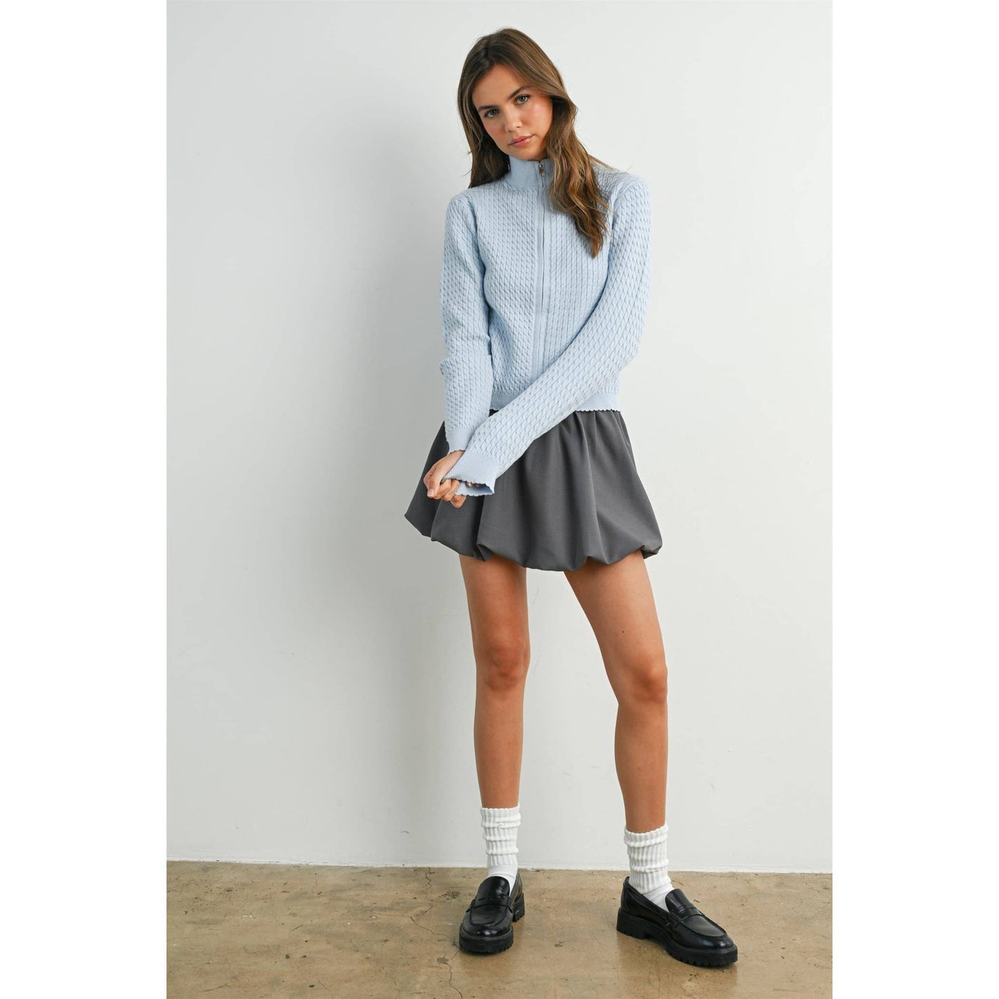 BUTTERMELON - Zip Up Long Sleeve Mock Neck Cardigan - BMC7936