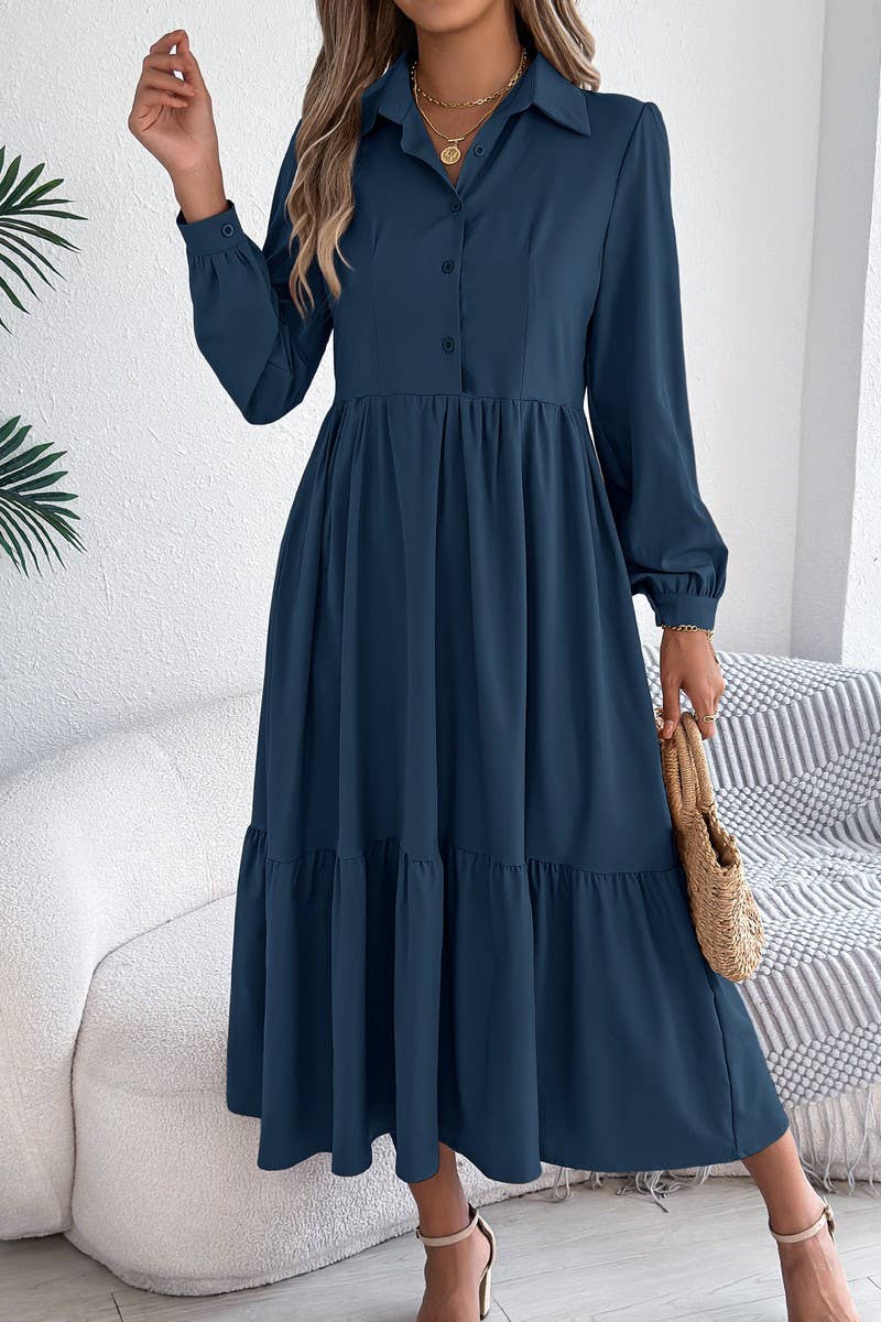 NINEXIS - CWDMD6027_LOOSE FIT RUFFLE TRIM LONG SLEEVE SHIRT DRESS