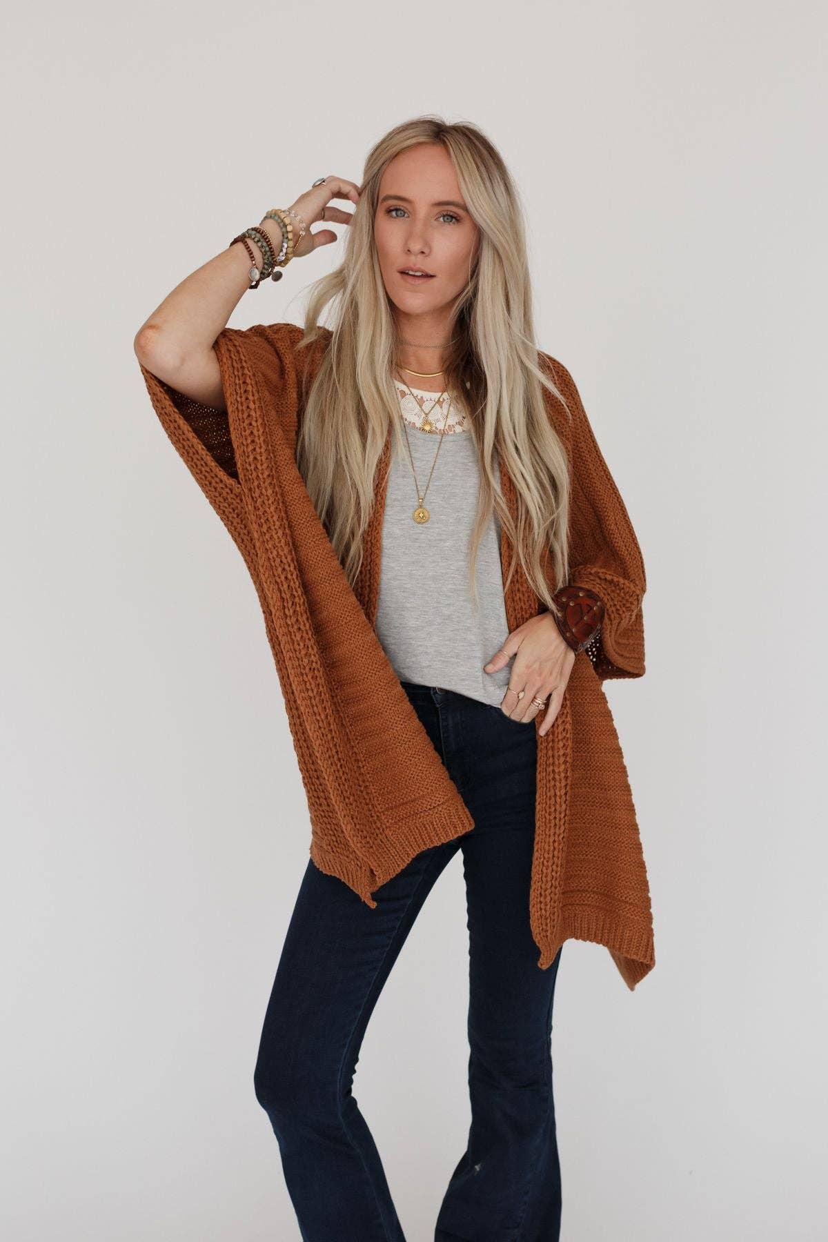 Three Bird Nest - So Deserving Knit Ruana - Camel