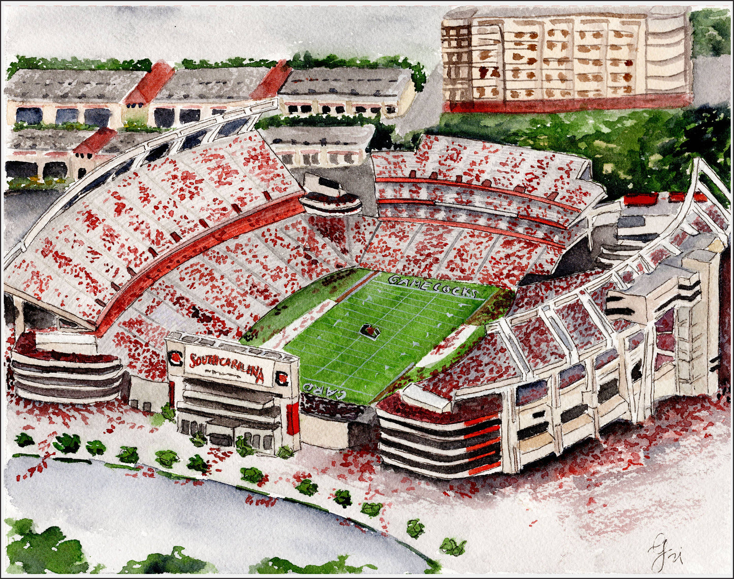 UofSC Williams Brice Stadium Watercolor Art Print by Grace Langdon Art