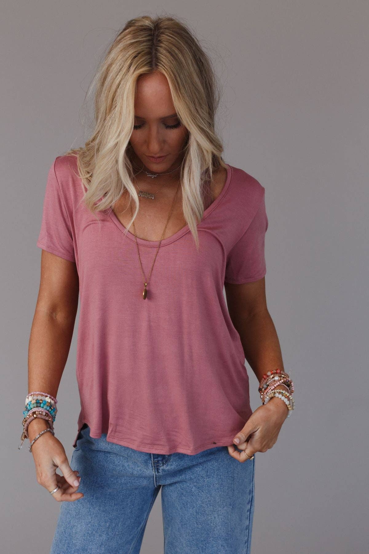 Three Bird Nest - Scoop Neck Bralette Tee - Mauve