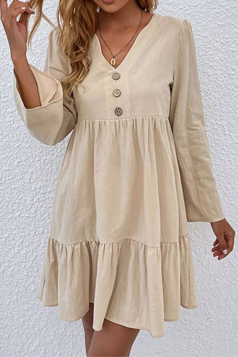 NINEXIS - CWDSD2000_V-Neck Button Long Sleeve Pullover Dress