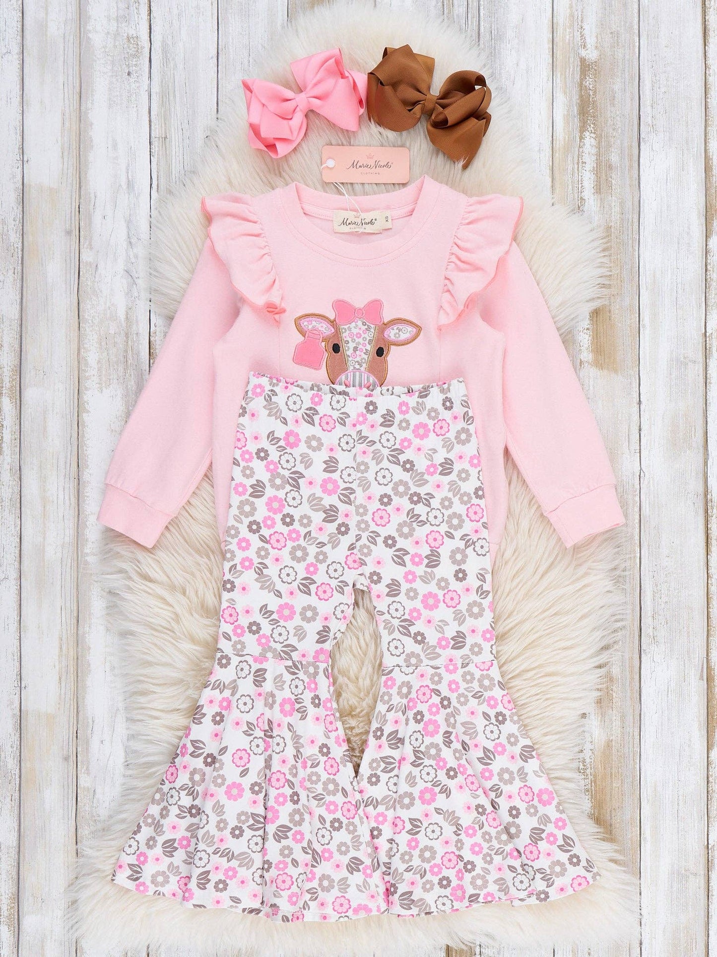 Marie Nicole Clothing - Floral Cow Cutie Ruffle Bell Bottom Outfit