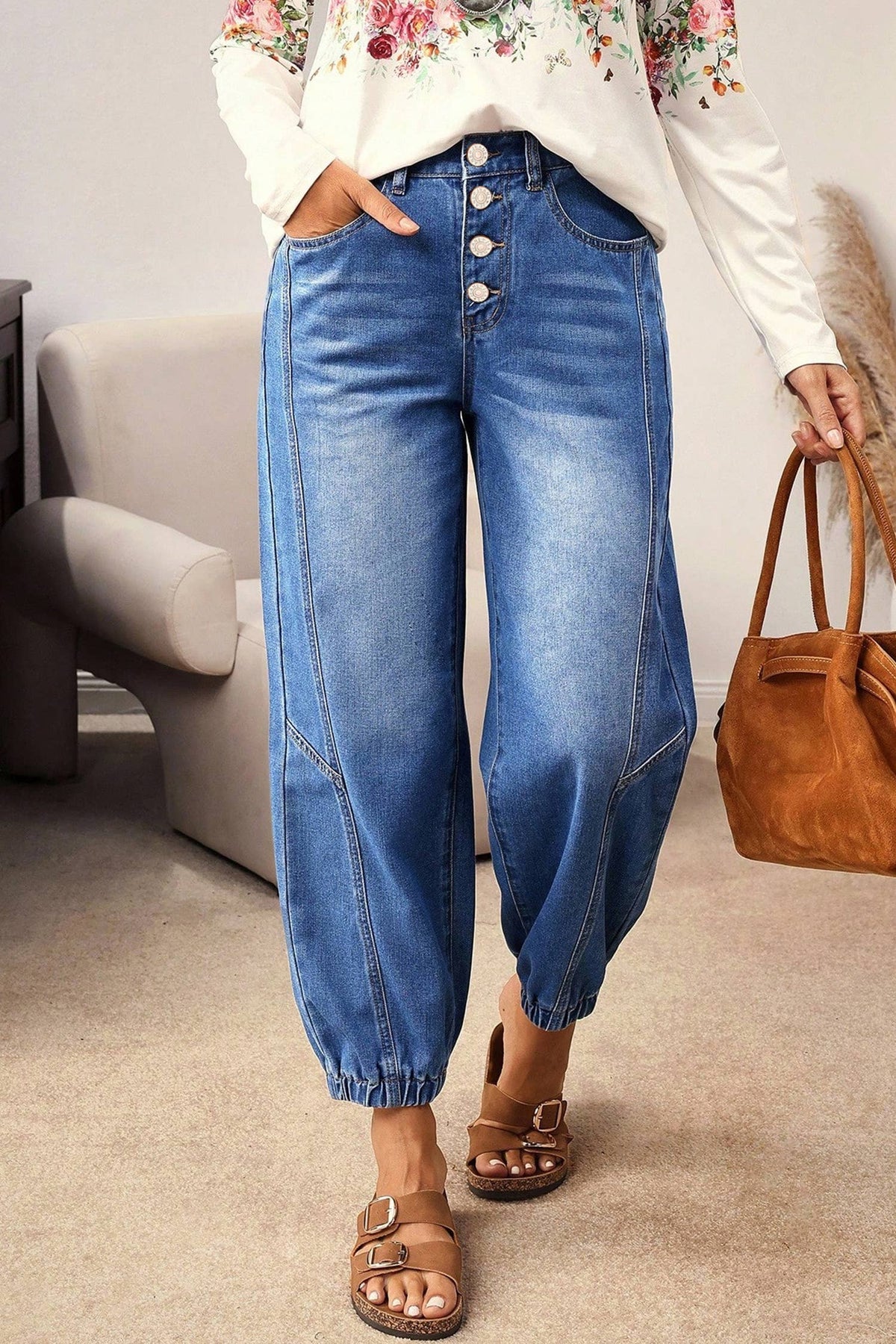 1 the Woman - Buttons Front Tapered Casual Loose Fit Jeans