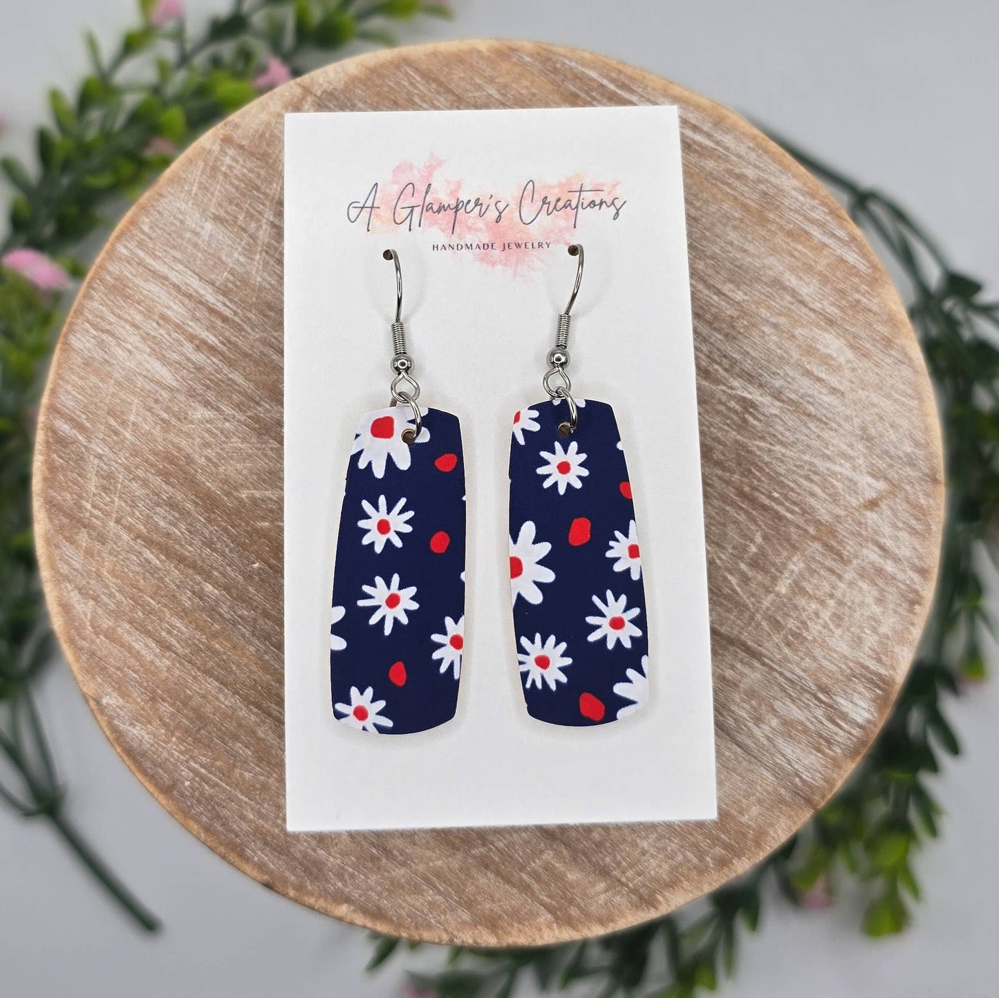 A Glamper's Creations LLC - White Daisies on Navy Patriotic Mini Bar Leather Earrings