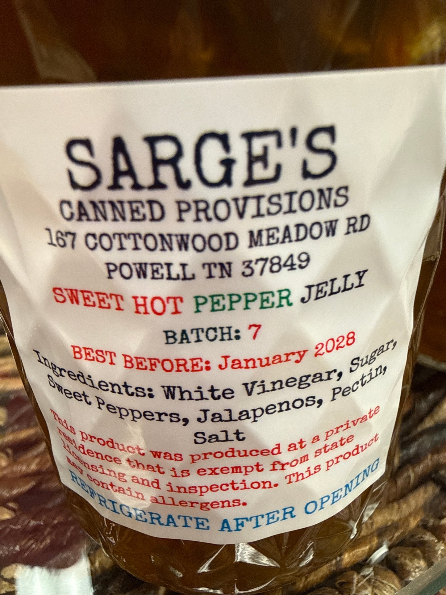 Sarge’s jelly, jam, hot honey and apple butter