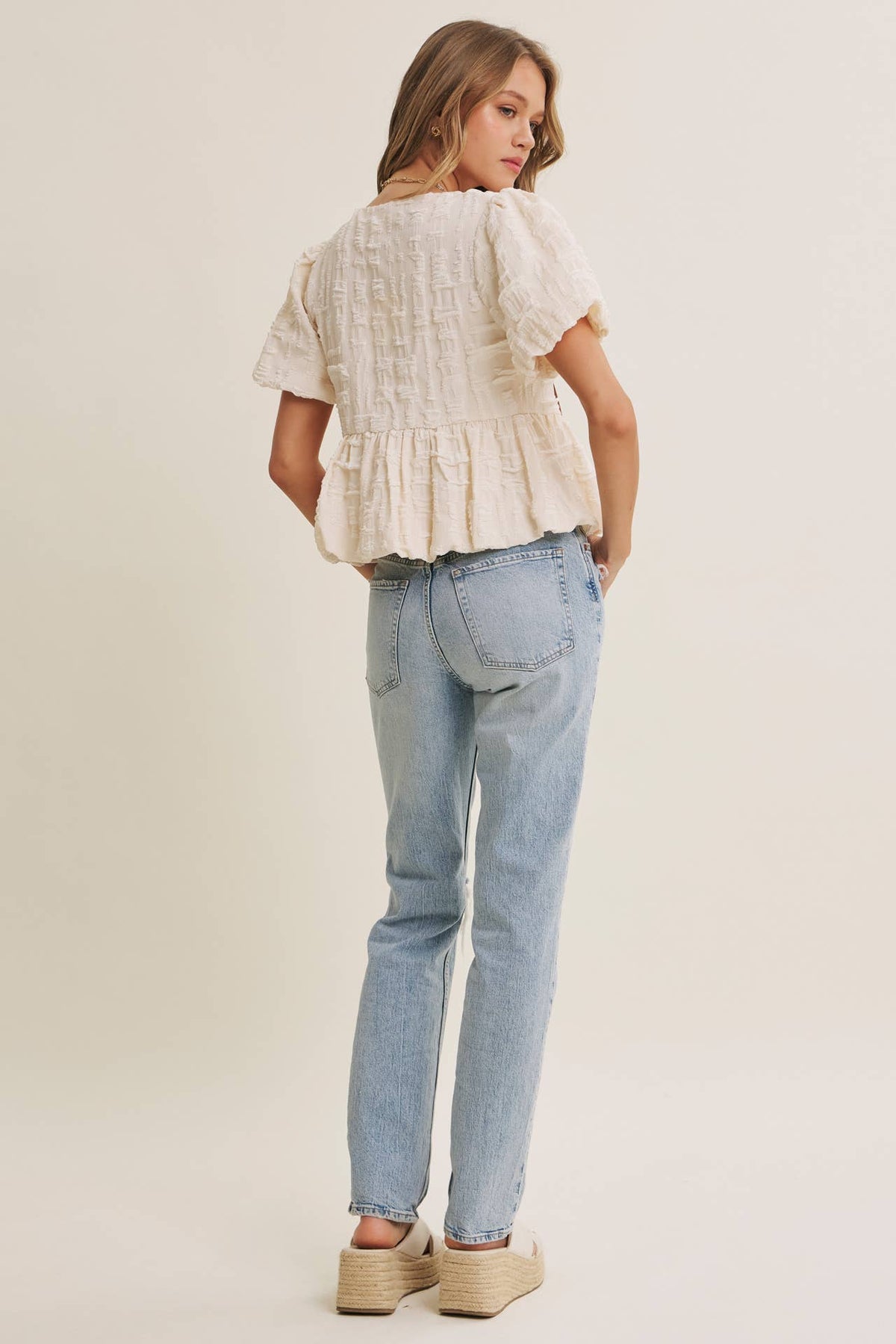 in february - BESTSELLER ROMANTIC TEXTURED CONTRAST BOW PEPLUM BLOUSE