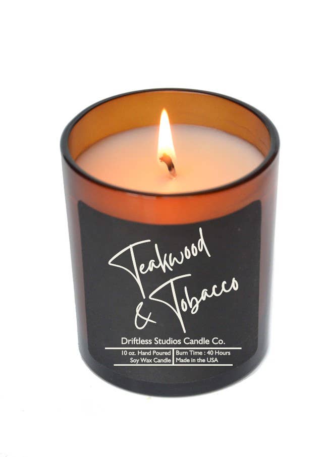 Driftless Studios - Teakwood & Tobacco Soy Candles-10oz Jar With Lid Black Label