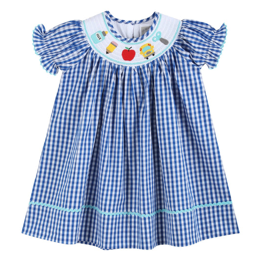 Lil Cactus - Royal Blue Gingham School Smocked Bishop Dress