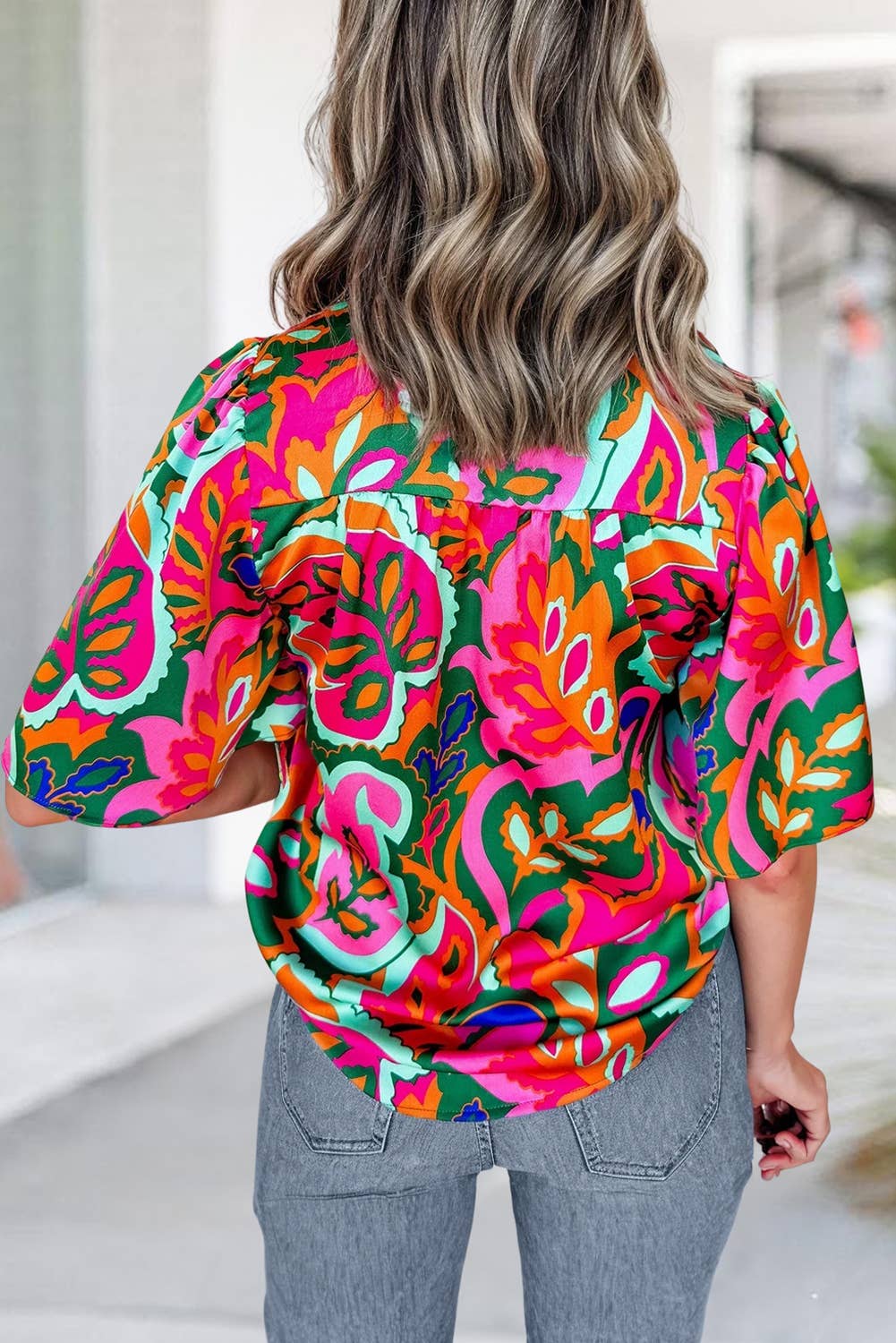 Aapparella - Tropical Print Tie Neck  Puff  Sleeve Blouse | S-XL