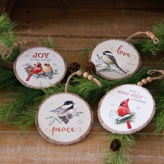Audrey's Home & Gift - Round Wood Slice Ornaments - Winter Birds (Pk/04 Ast)