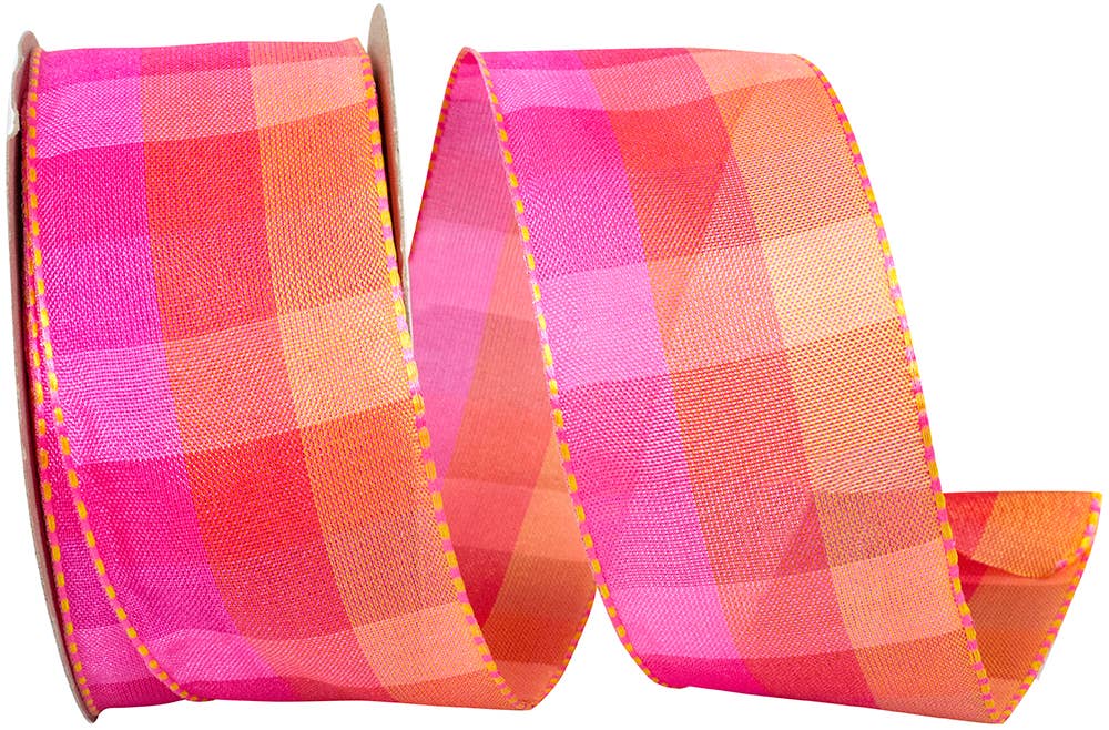 RELIANT RIBBON - Plaid Bright 3 Value Wired Edge, Pink/orange, 1.5 In