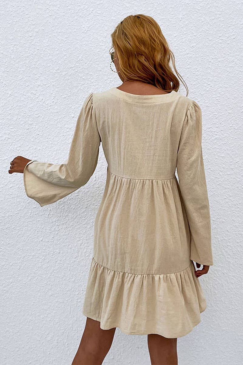 NINEXIS - CWDSD2000_V-Neck Button Long Sleeve Pullover Dress