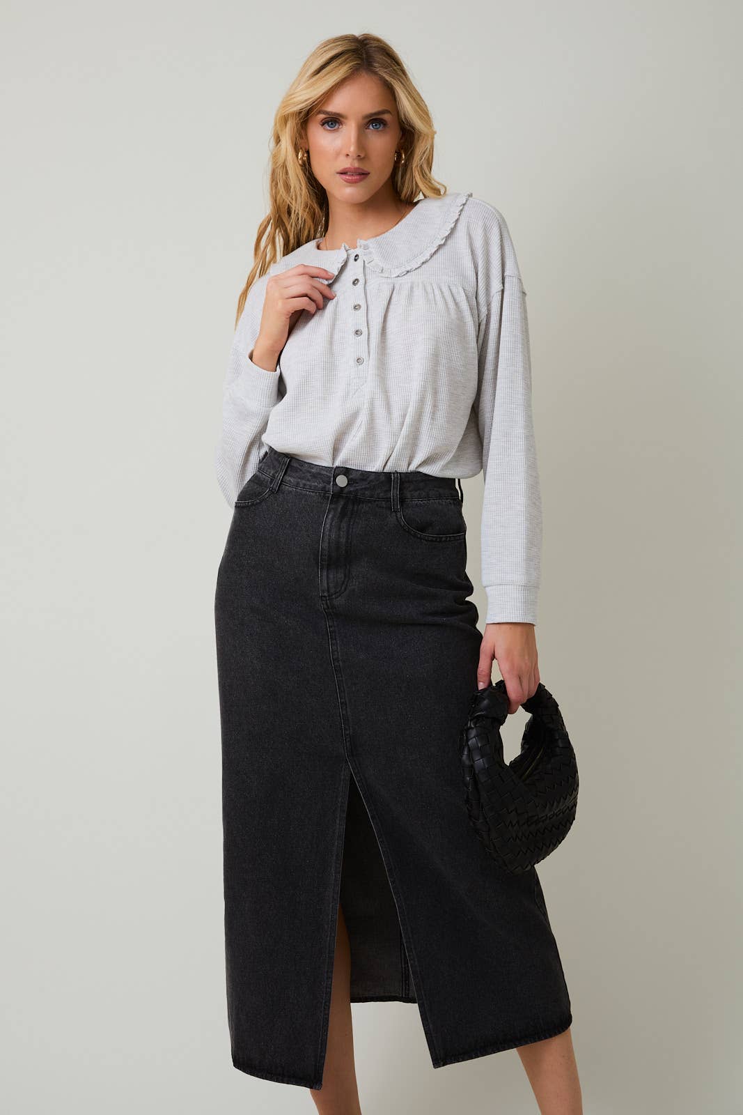 Sunday Edition by LE LIS - PETER PAN COLLARED THERMAL LONG SLEEVE BUTTON UP TOP