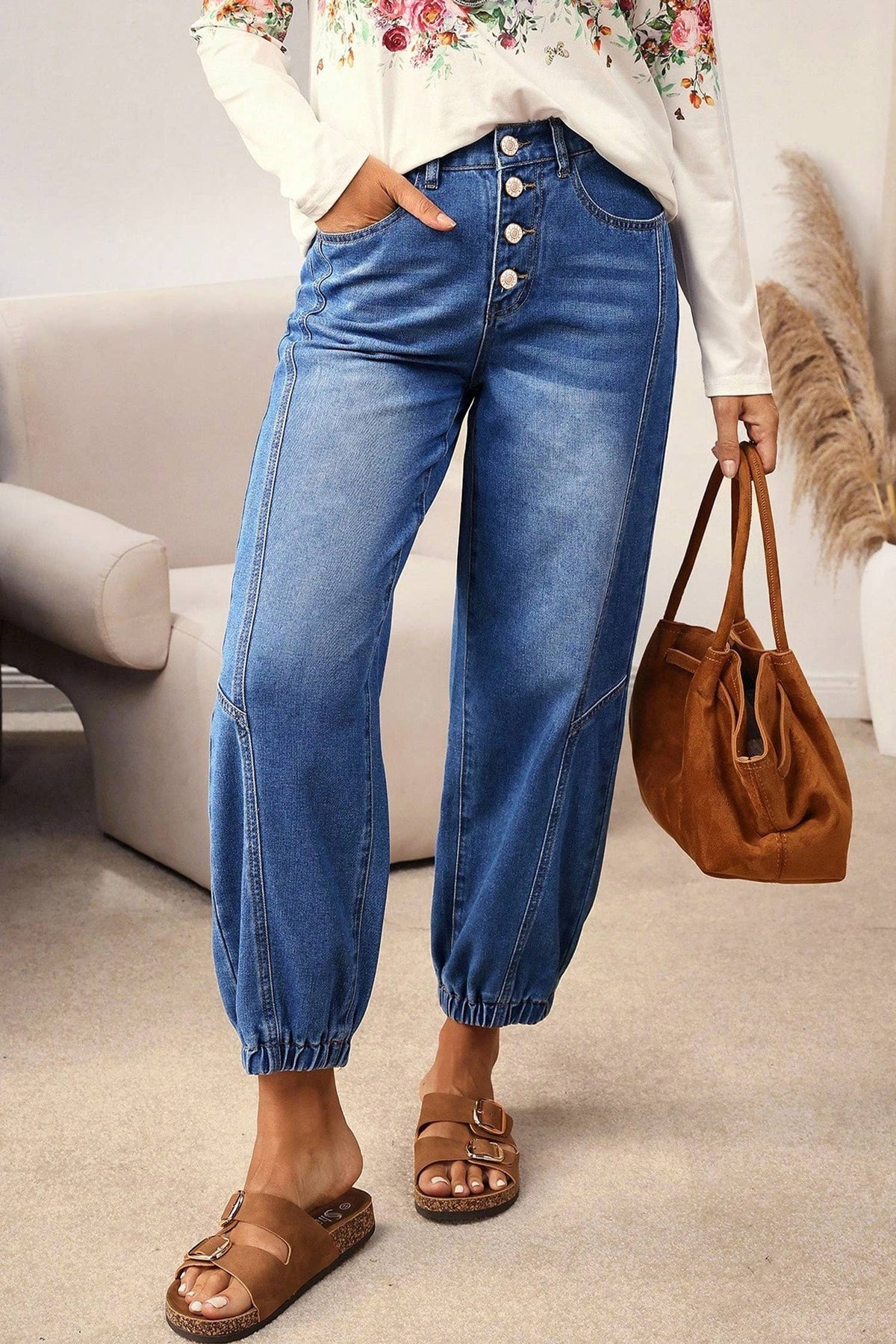 1 the Woman - Buttons Front Tapered Casual Loose Fit Jeans