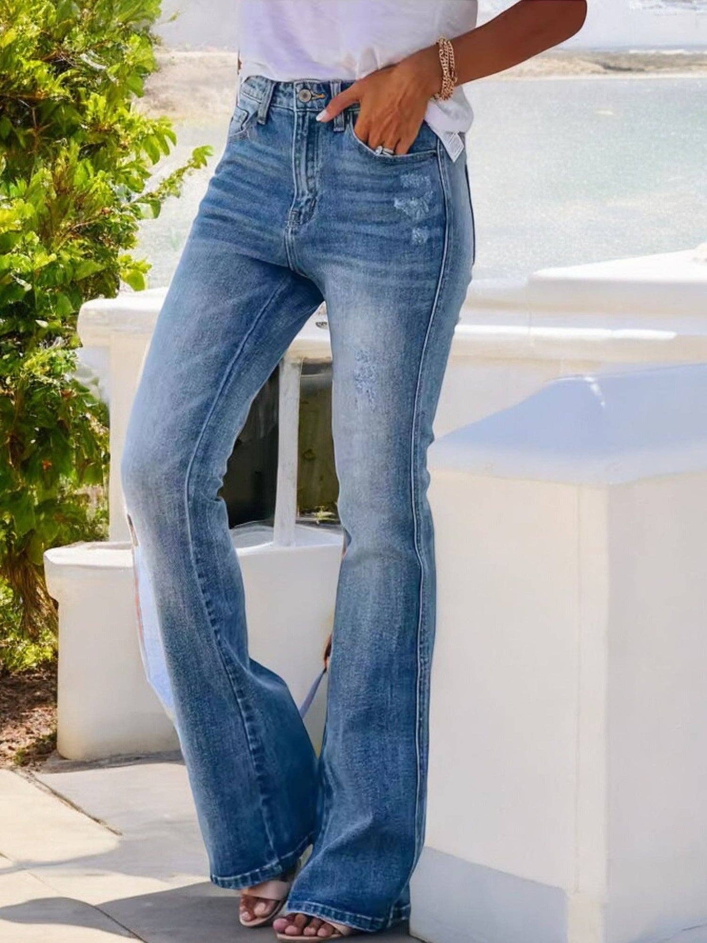Anna Kaci Wholesale - High Waist Flare Jeans with Light Distressing