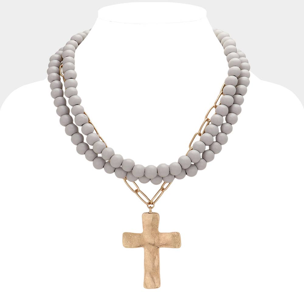 Sensibling Corp. - Hammered Metal Cross Pendant Wood Chain Layered Necklace