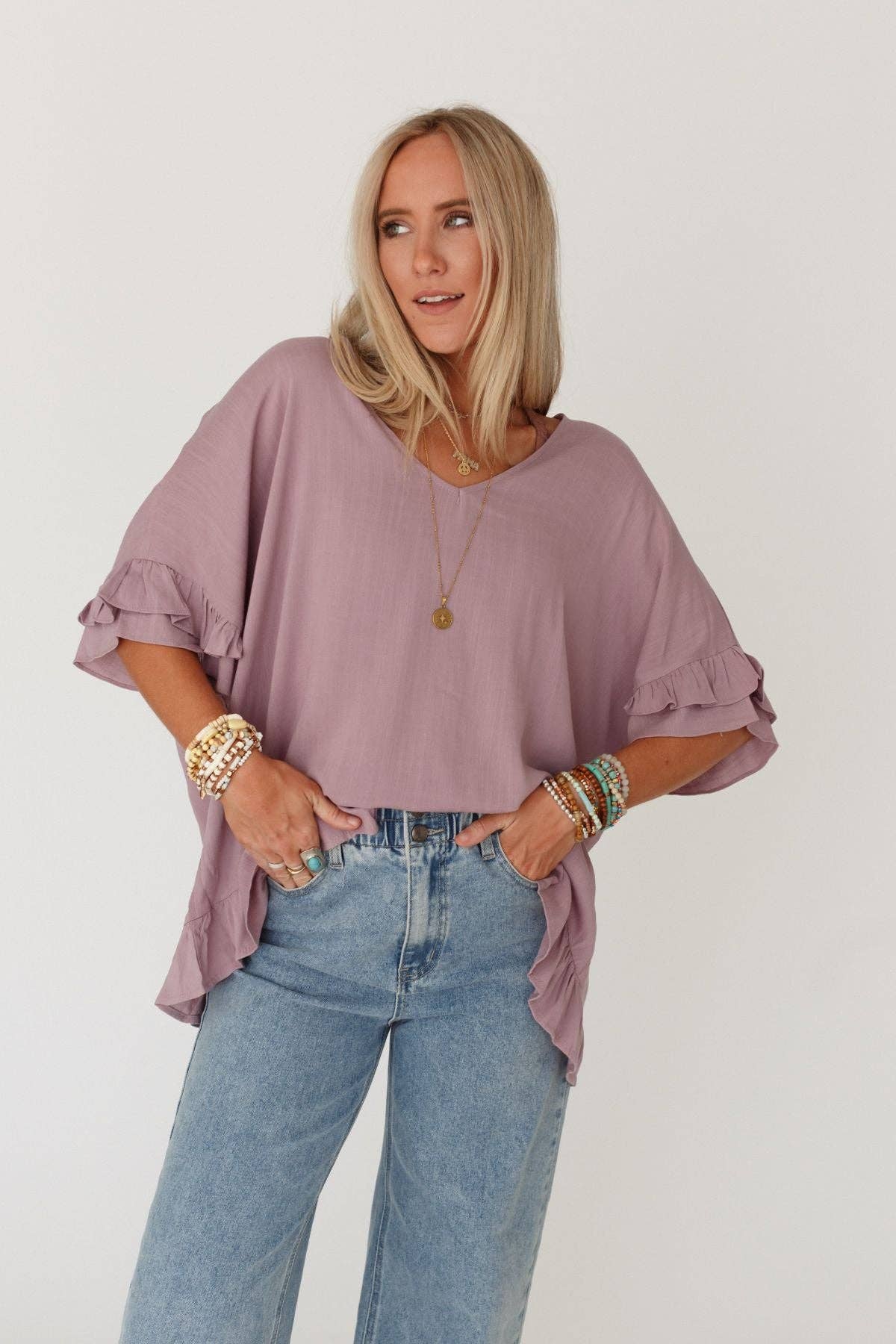 Three Bird Nest - Let Me Be Ruffled Top - Pale Plum