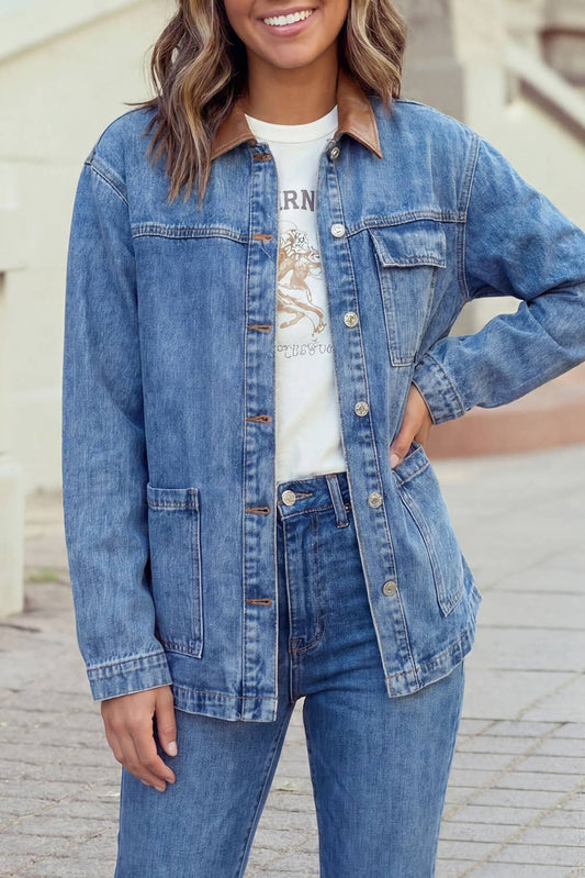 1 the Woman - Patchwork Leather Collar Long Sleeve Denim Jacket