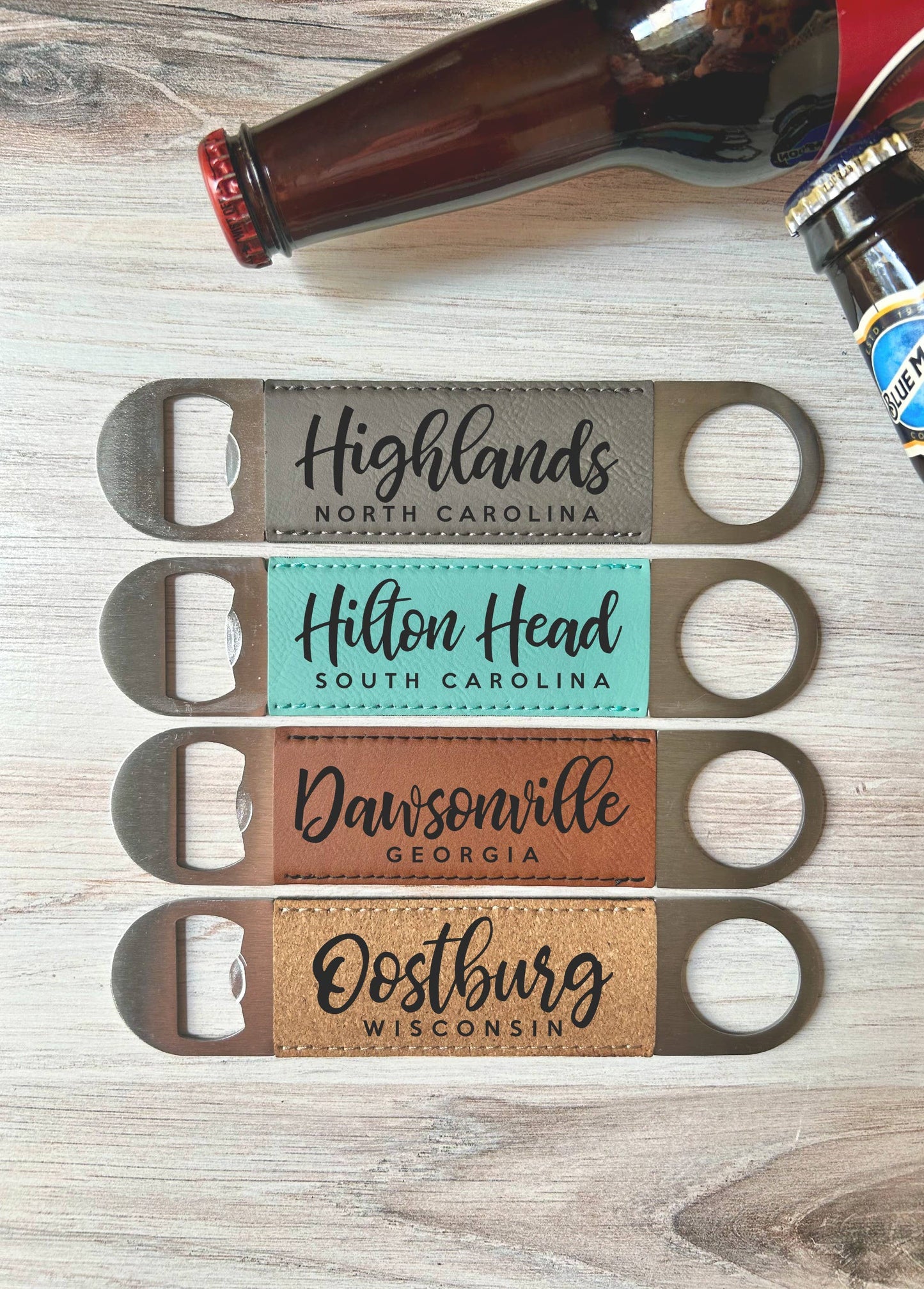 The Lillie Pad - Custom City & State Name Bottle Opener - Leatherette