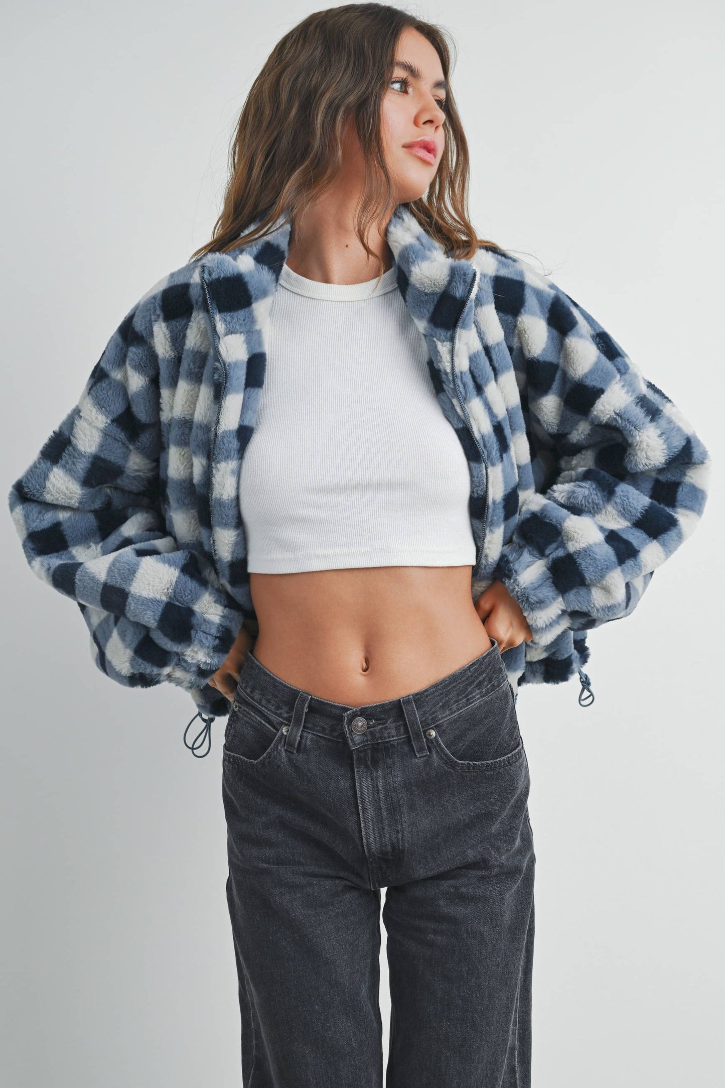 BUTTERMELON - Fall Drop Shoulder Plaid Fall Jacket - BMJ7504