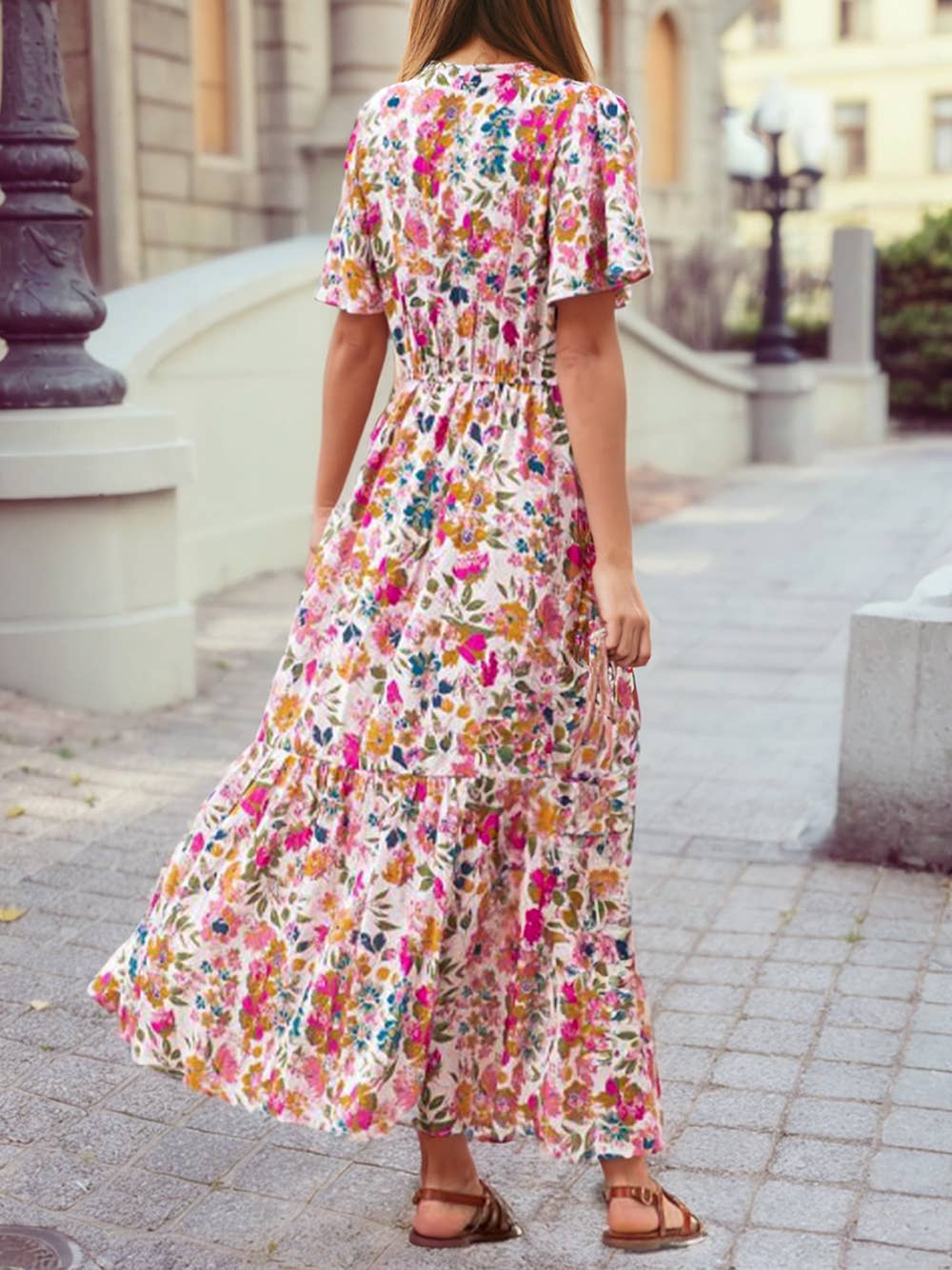 1 the Woman - Floral Short Sleeve V Neck High Waist Maxi Dress