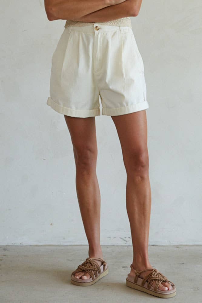 By Together - L5597 | Cotton Pleated Front Relax Fit Wide Leg Shorts